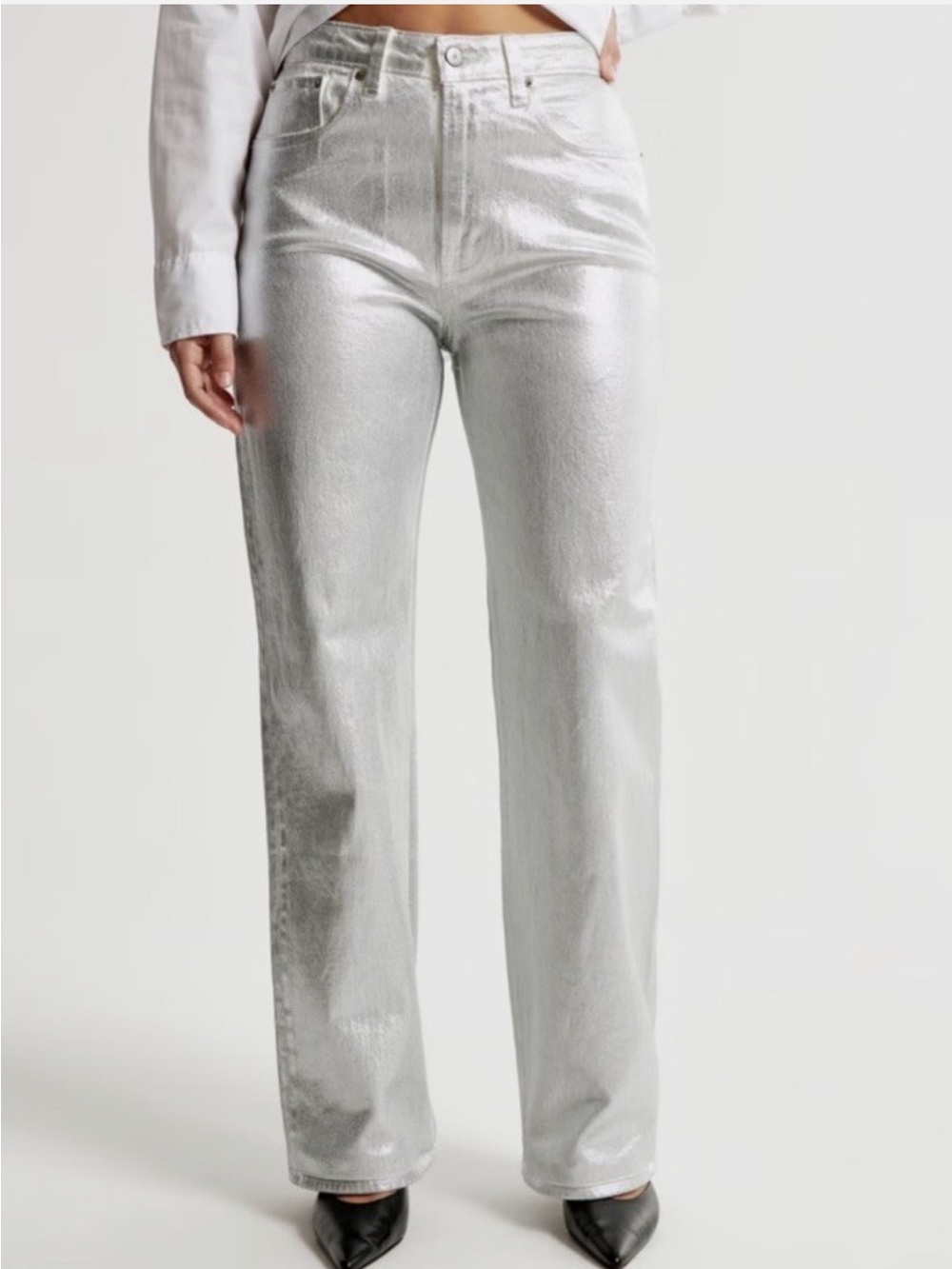 Abercrombie and Fitch 90’s High Rise Metallic Silver Straight-Leg Women’s Jeans
